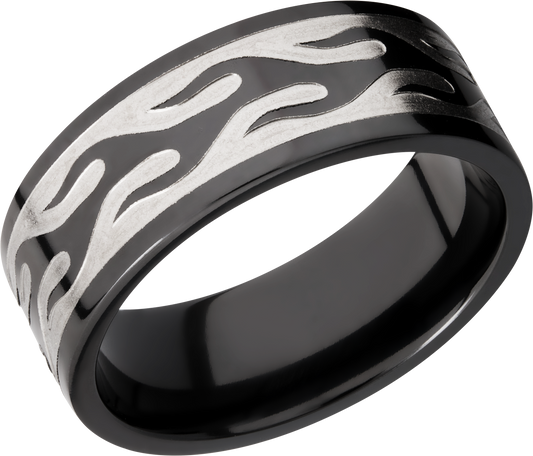 Zirconium 9mm flat band with a laser-carved contour flame pattern