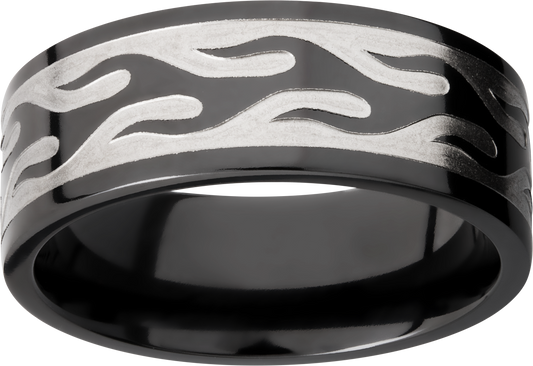 Zirconium 9mm flat band with a laser-carved contour flame pattern