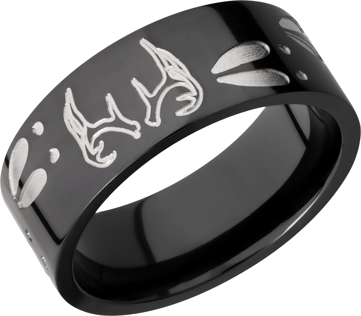 Zirconium 9mm flat band with a laser-carved deer track pattern