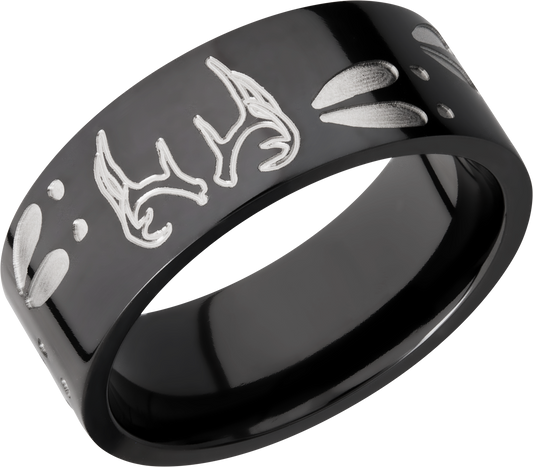 Zirconium 9mm flat band with a laser-carved deer track pattern