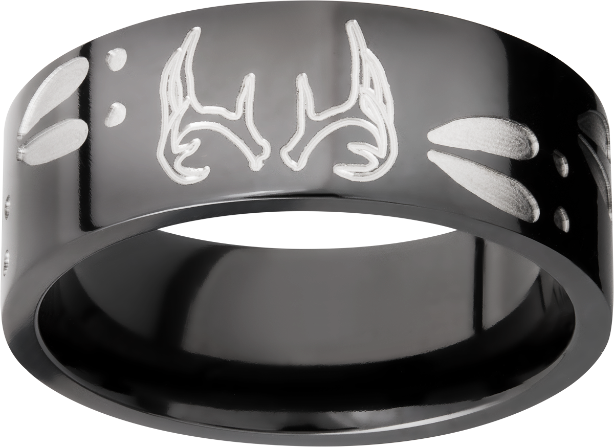 Zirconium 9mm flat band with a laser-carved deer track pattern