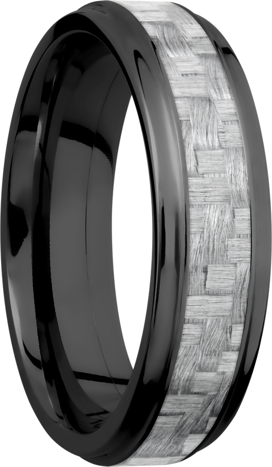 Zirconium 6mm flat band with grooved edges and a 3mm inlay of silver Carbon Fiber