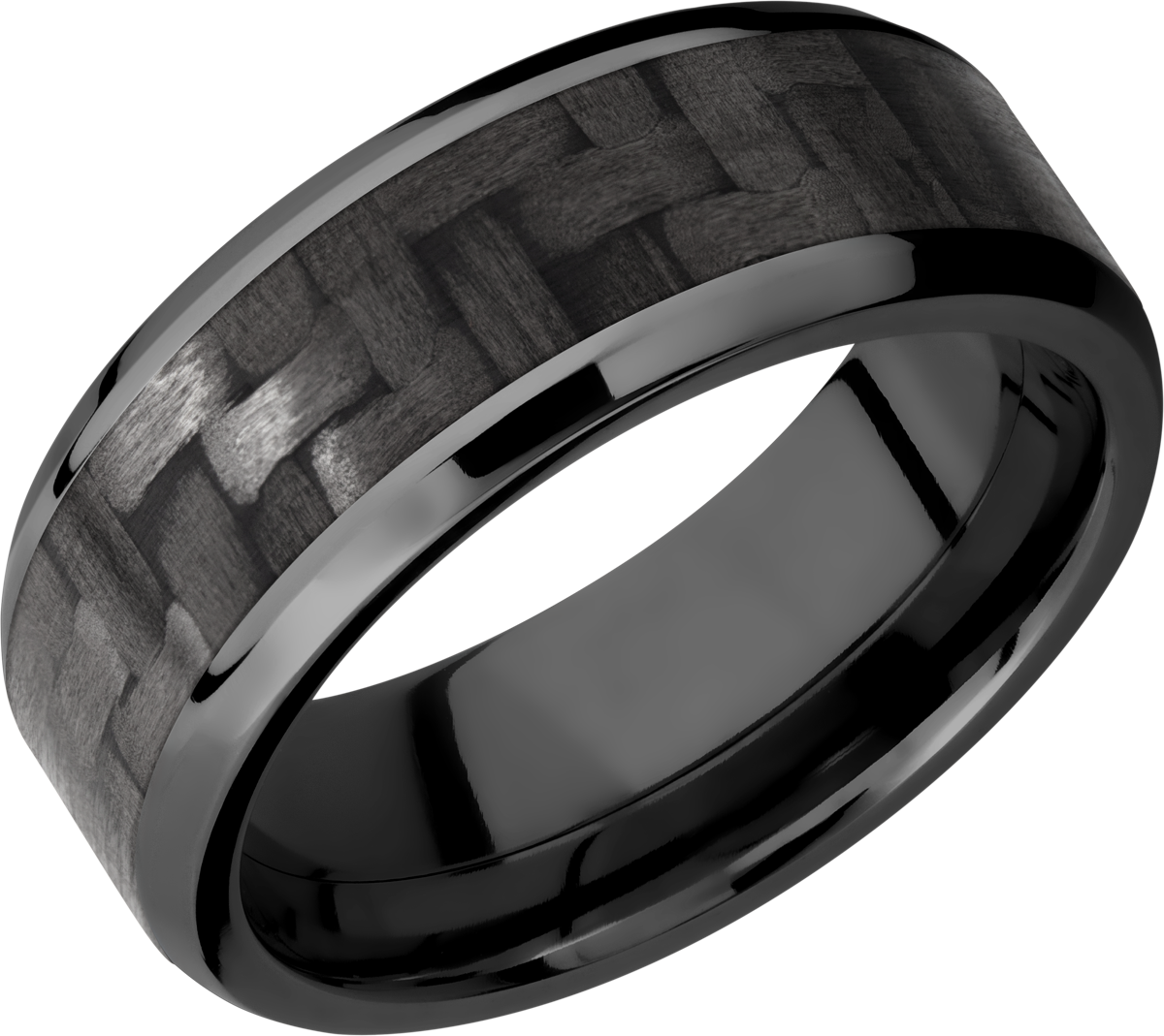 Zirconium 8mm beveled band with a 5mm inlay of black Carbon Fiber
