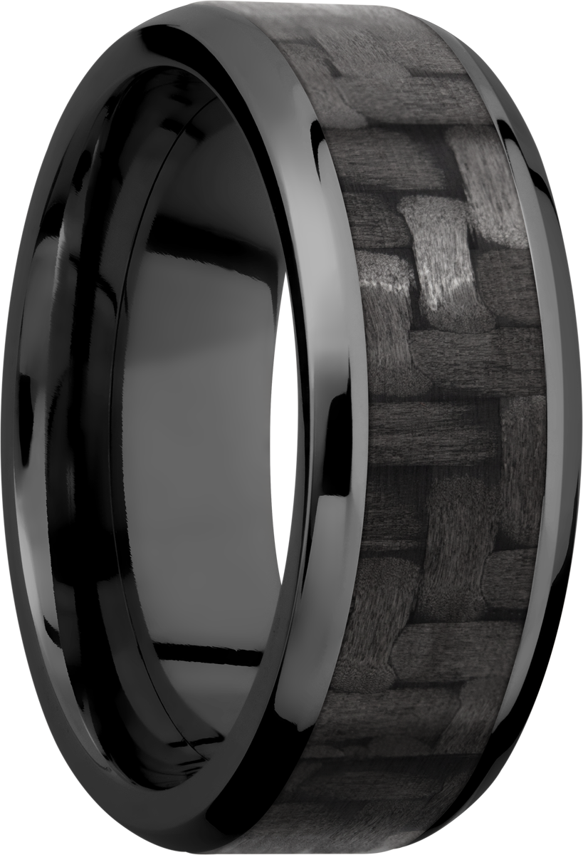 Zirconium 8mm beveled band with a 5mm inlay of black Carbon Fiber