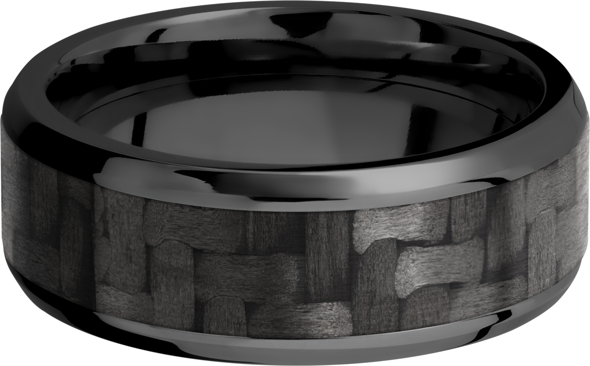 Zirconium 8mm beveled band with a 5mm inlay of black Carbon Fiber