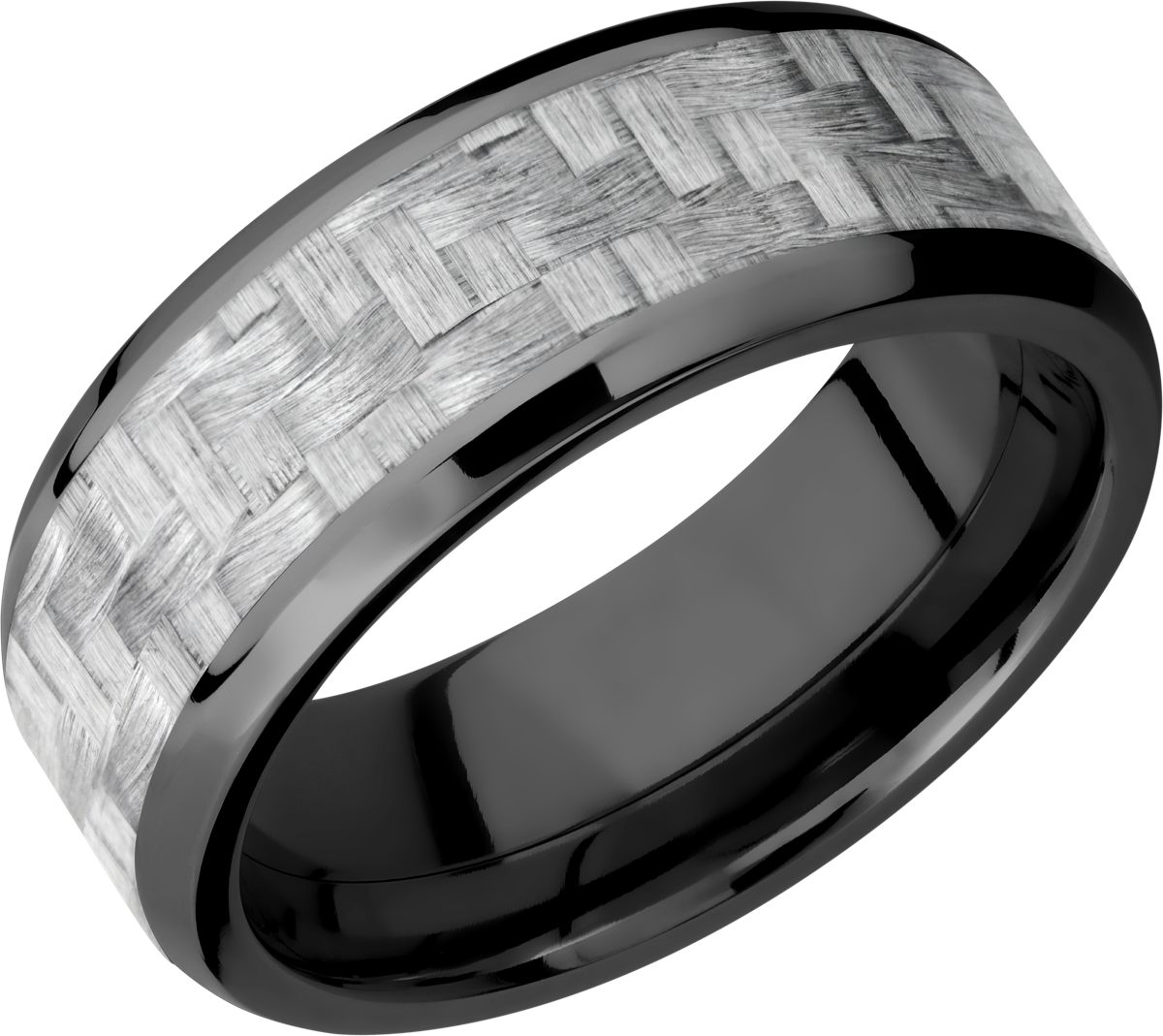 Zirconium 8mm beveled band with a 5mm inlay of silver Carbon Fiber