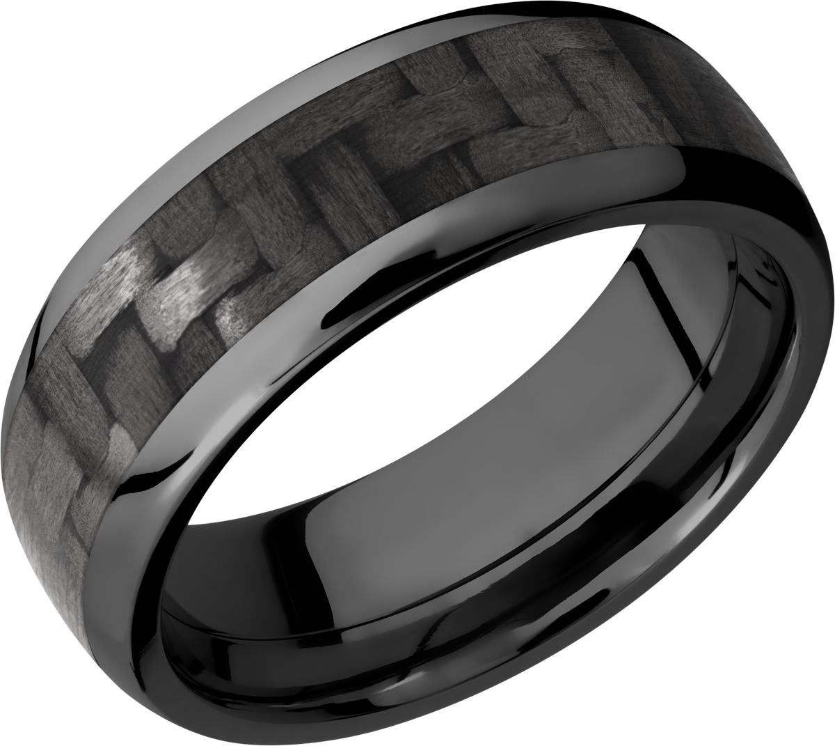 Zirconium 8mm domed band with a 5mm inlay of black Carbon Fiber