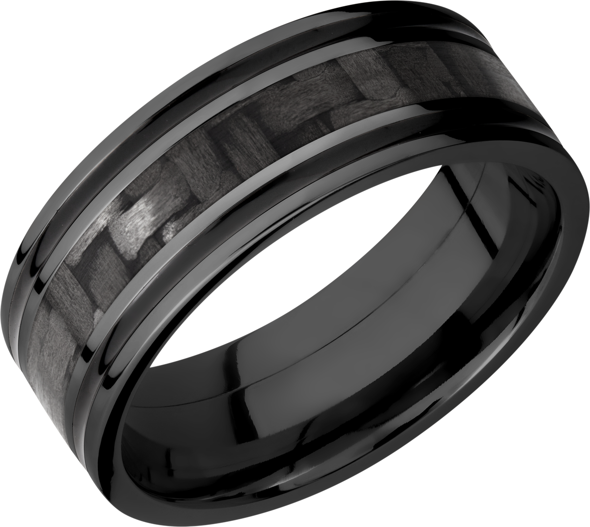 Zirconium 8mm flat band with a 3mm inlay of black Carbon Fiber and 2, 1mm inlays of Cerakote