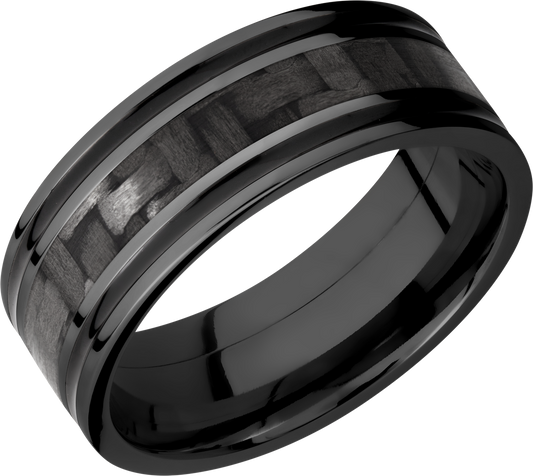 Zirconium 8mm flat band with a 3mm inlay of black Carbon Fiber and 2, 1mm inlays of Cerakote