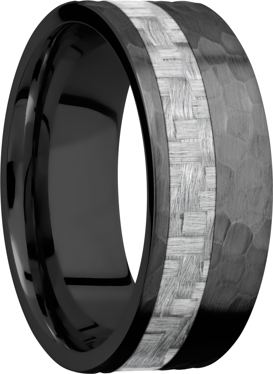 Zirconium 8mm flat band with a 3mm off-centered inlay of silver Carbon Fiber