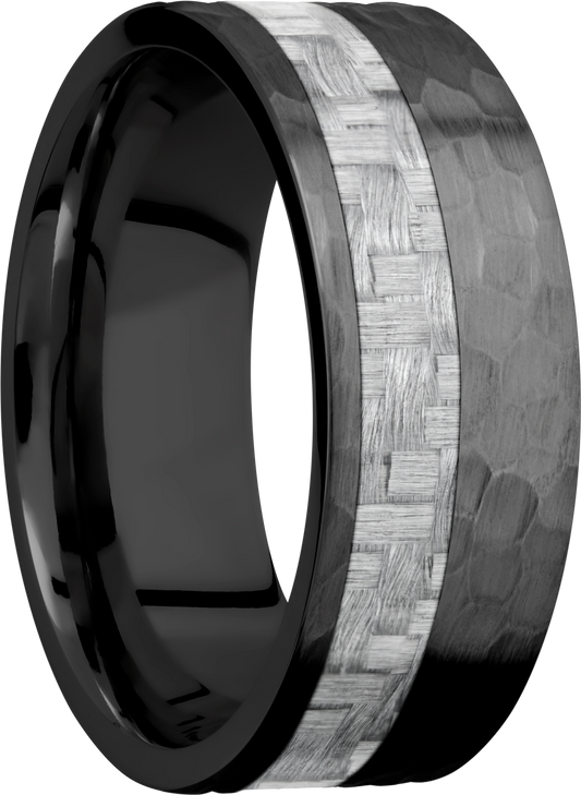 Zirconium 8mm flat band with a 3mm off-centered inlay of silver Carbon Fiber