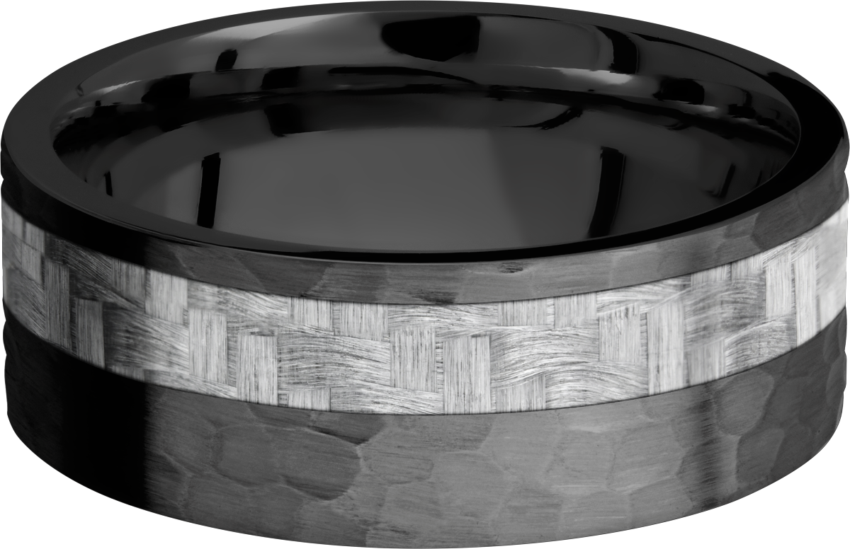 Zirconium 8mm flat band with a 3mm off-centered inlay of silver Carbon Fiber