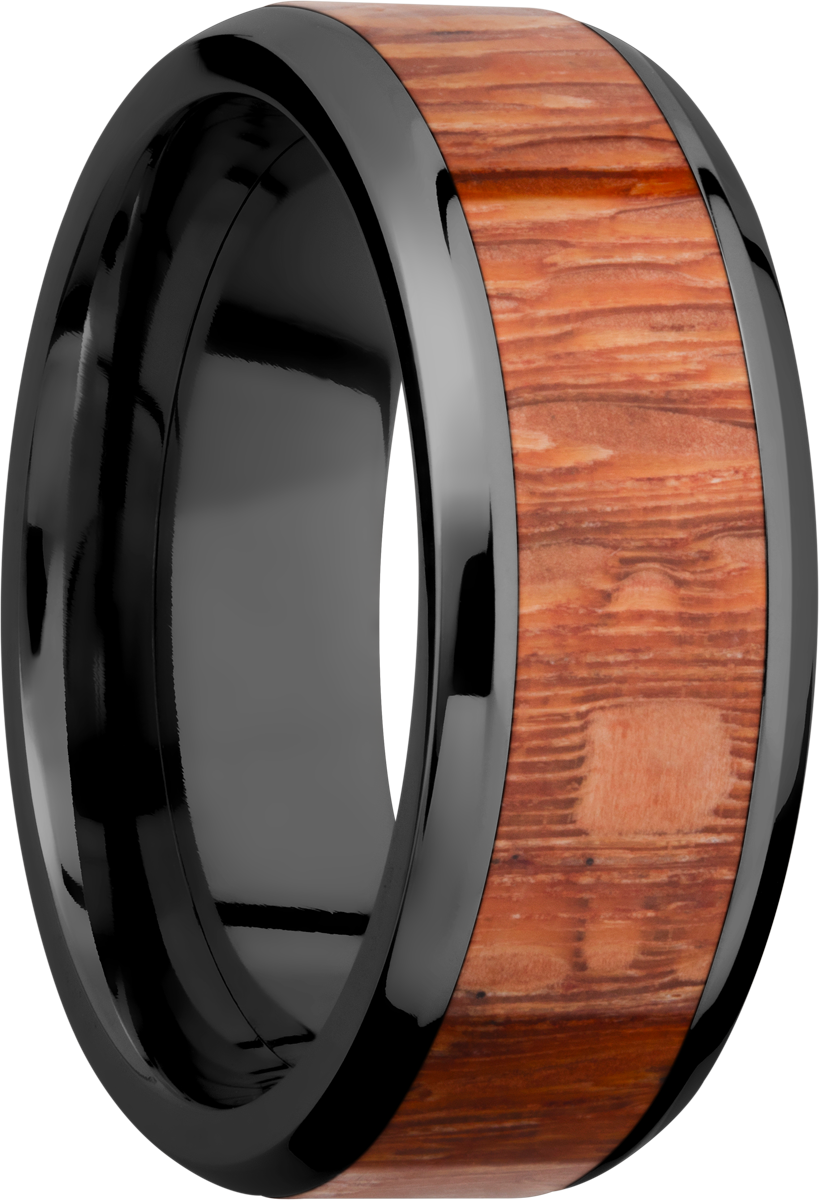 Zirconium 8mm beveled band with an inlay of Leopard hardwood