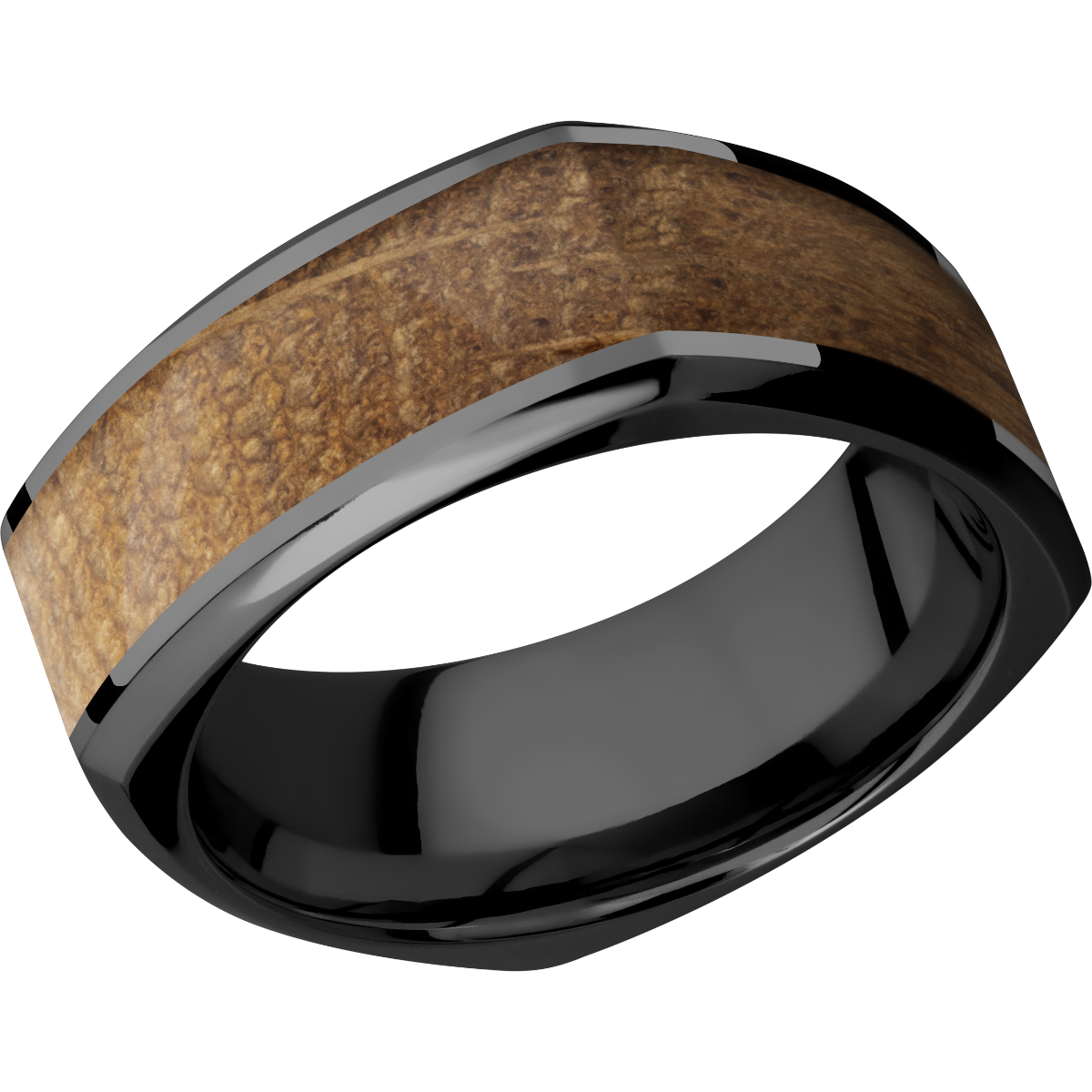Zirconium 8mm beveled square band with an inlay of Whiskey Barrel hardwood