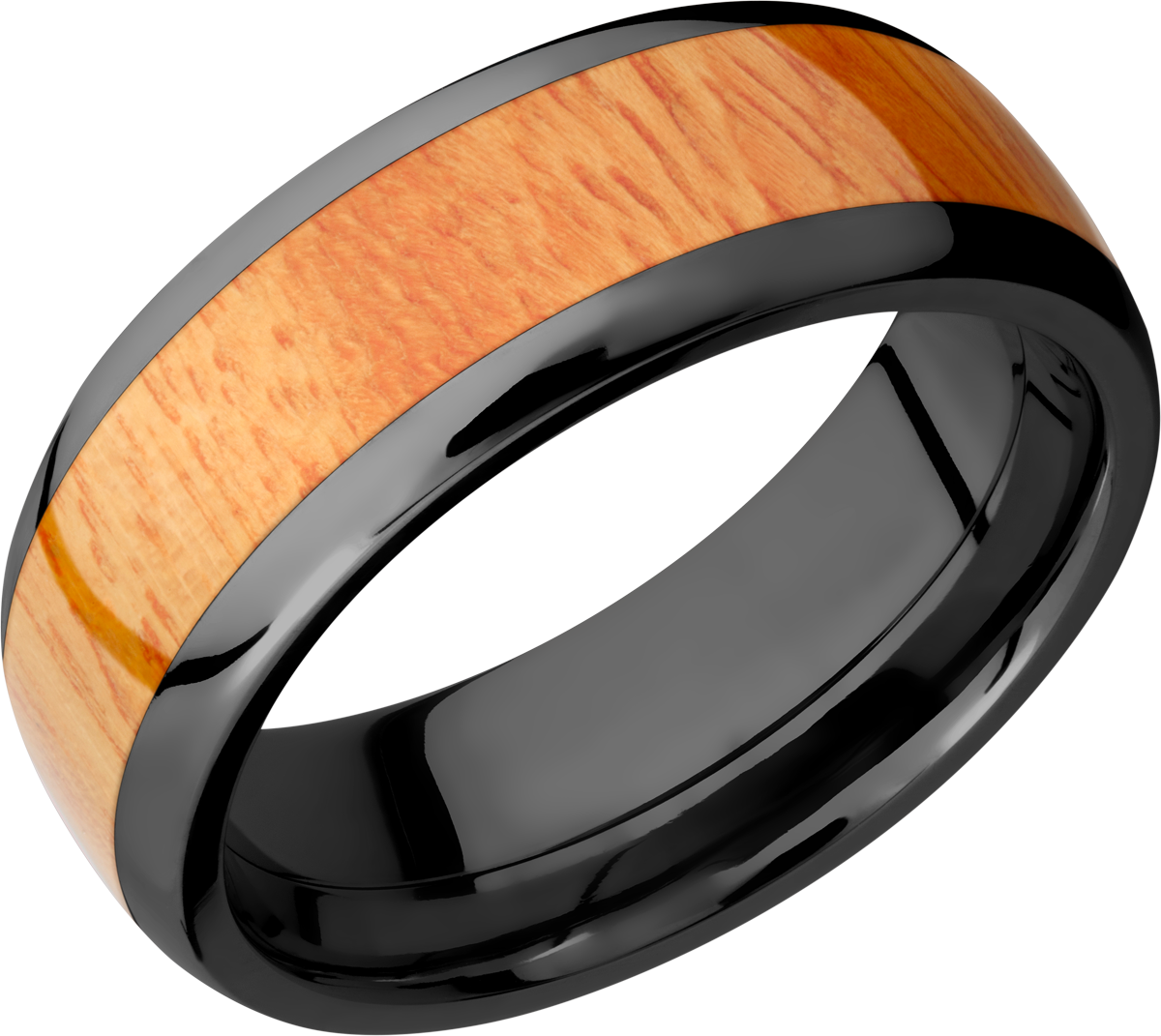 Zirconium 8mm domed band with an inlay of Osage Orange hardwood