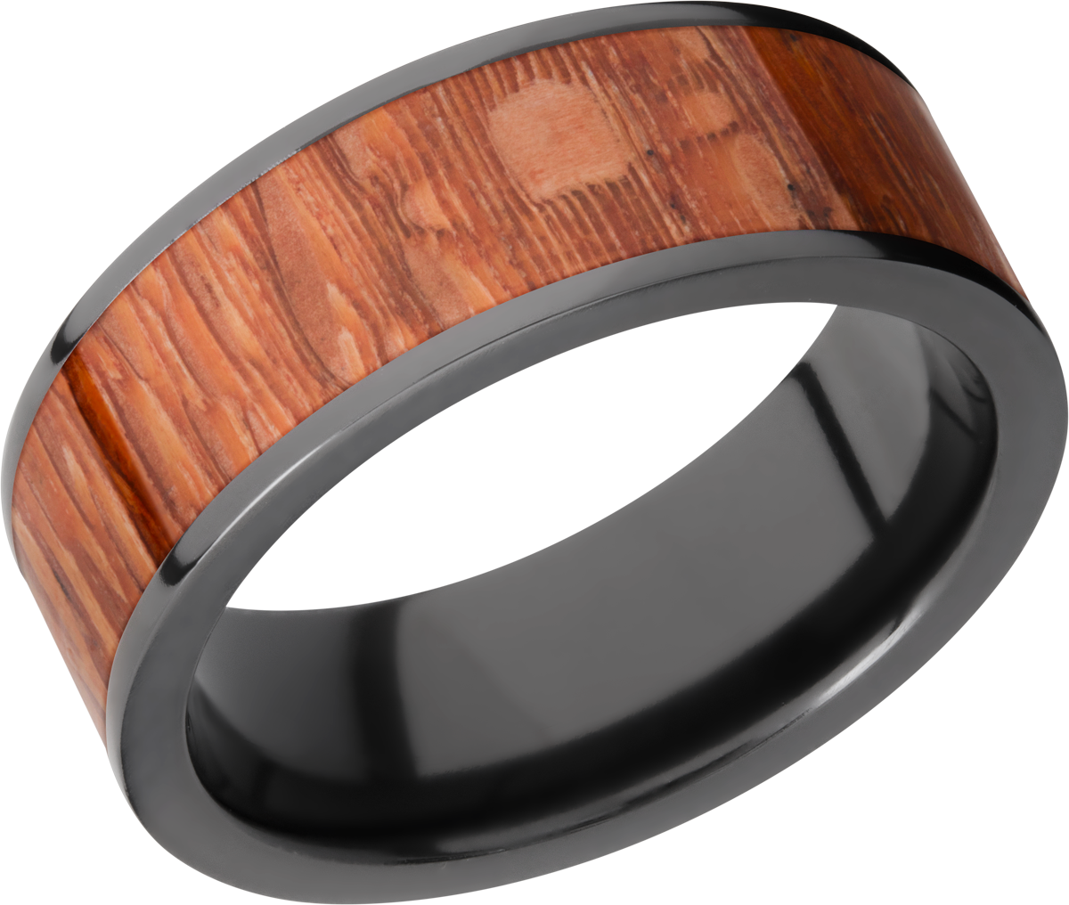 Zirconium 8mm flat band with an inlay of Leopard wood