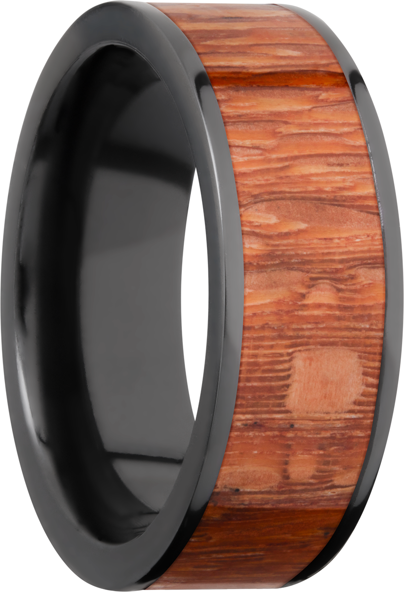 Zirconium 8mm flat band with an inlay of Leopard wood