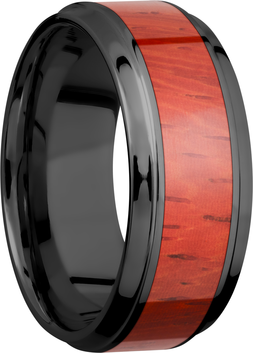 Zirconium 9mm beveled band with an inlay of Padauk hardwood
