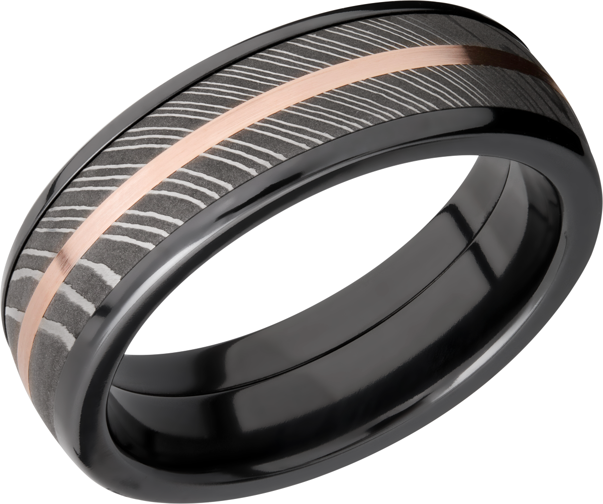 Zirconium domed 7mm band with a 5mm inlay of handmade Damascus steel and a 1mm inlay of 14K rose gold