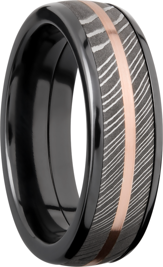 Zirconium domed 7mm band with a 5mm inlay of handmade Damascus steel and a 1mm inlay of 14K rose gold