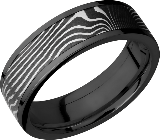 Zirconium flat 7mm band with a 5mm inlay of handmade flattwist Damascus steel