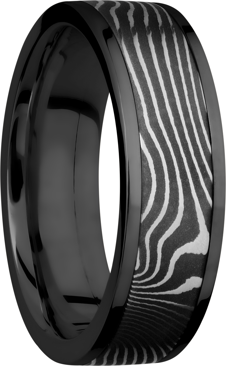 Zirconium flat 7mm band with a 5mm inlay of handmade flattwist Damascus steel