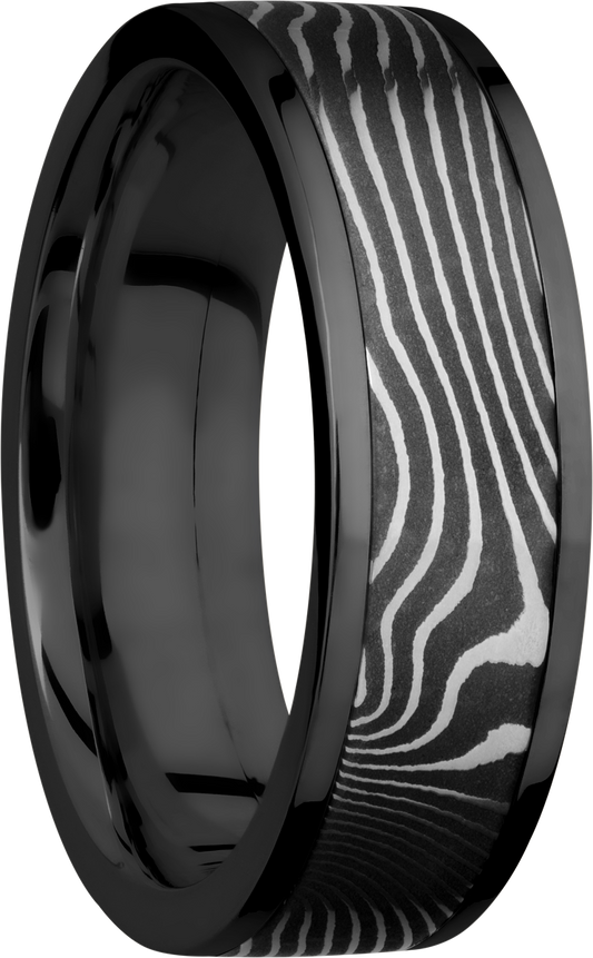 Zirconium flat 7mm band with a 5mm inlay of handmade flattwist Damascus steel