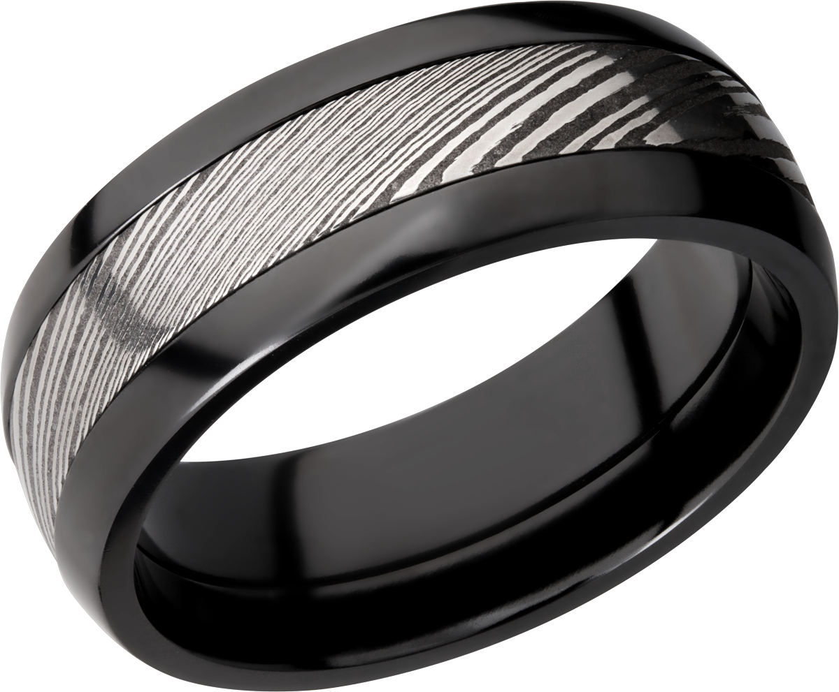 Zirconium domed 8mm band with a 4mm inlay of handmade Damascus steel