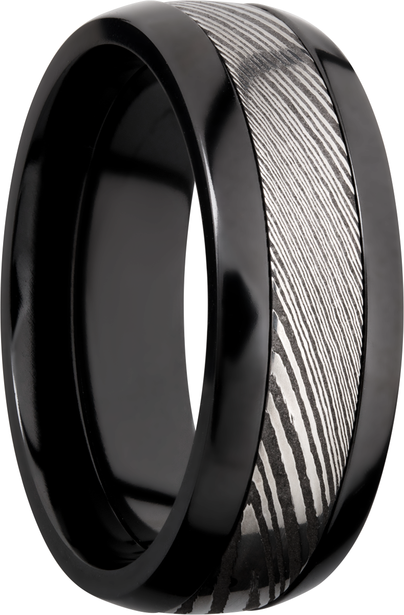 Zirconium domed 8mm band with a 4mm inlay of handmade Damascus steel