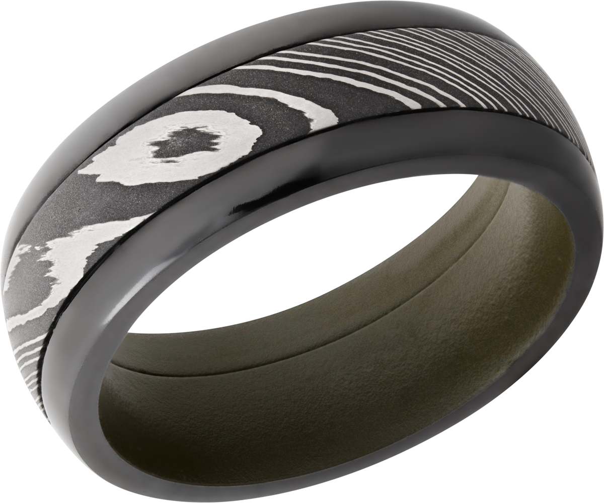 Zirconium pressed fit 8mm domed band with a 4mm inlay of Damascus steel and a Cerakote sleeve