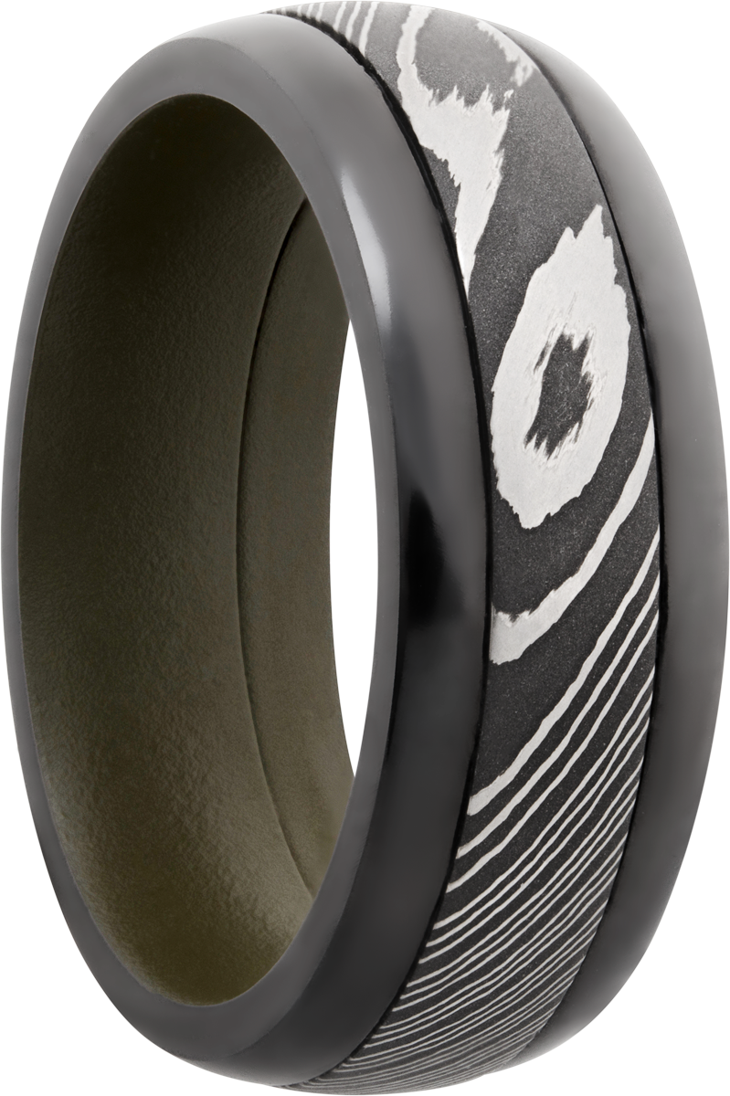 Zirconium pressed fit 8mm domed band with a 4mm inlay of Damascus steel and a Cerakote sleeve