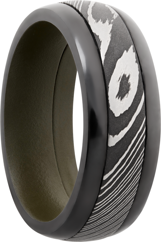 Zirconium pressed fit 8mm domed band with a 4mm inlay of Damascus steel and a Cerakote sleeve
